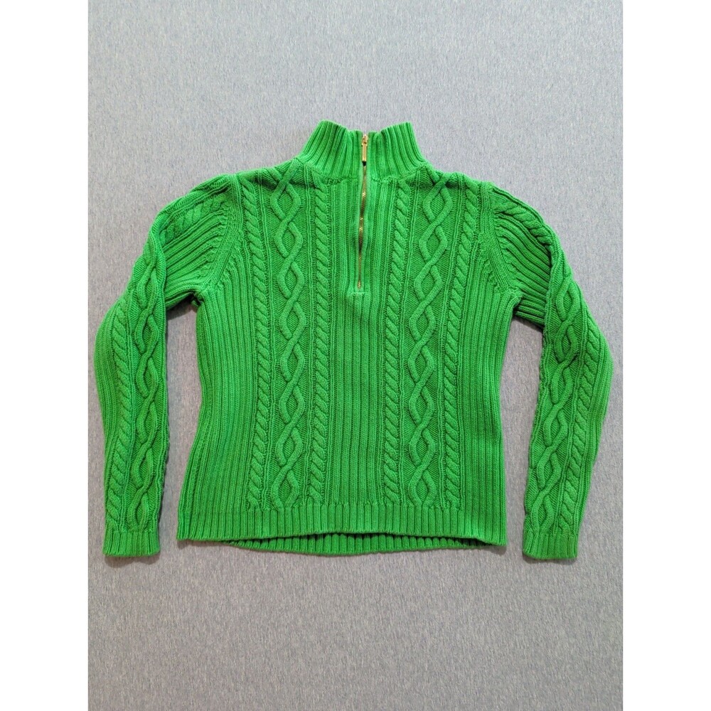 Chaps Petite Cable Knit Christmas Green Zip Collar Sweater Small Cozy Warm